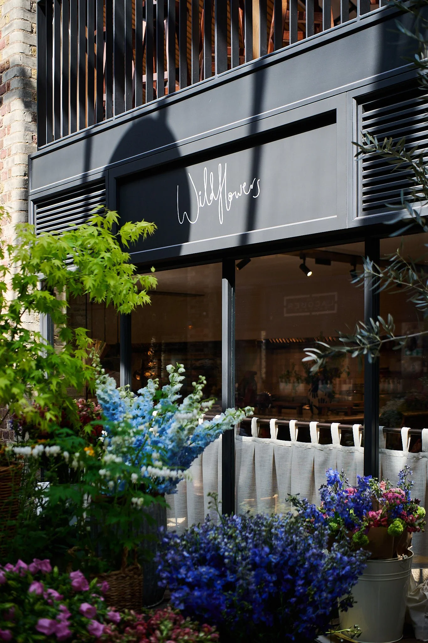 Exterior view of a storefront with black signage that reads 'Wild Flowers' in white script, surrounded by colorful potted flowers and greenery outside, with a balcony above.