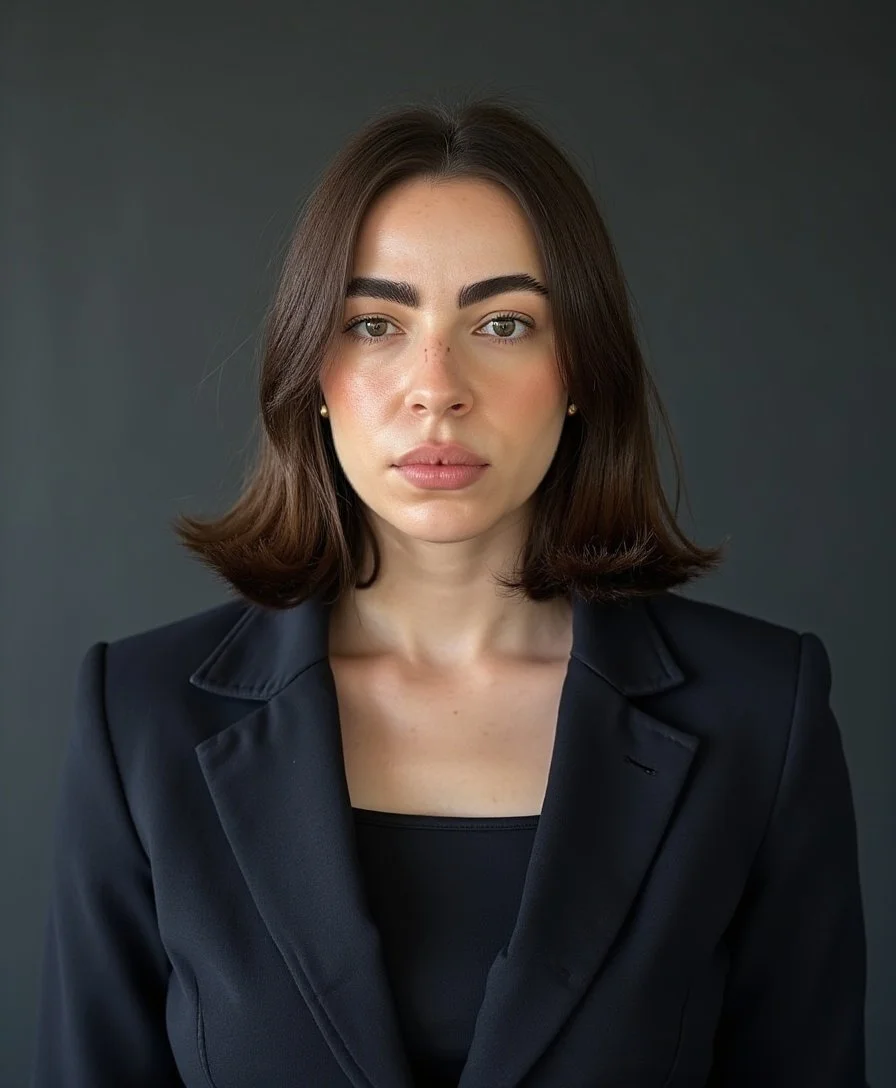 Portrait of a young woman with shoulder-length brown hair, wearing a black blazer and a black top, against a dark background.