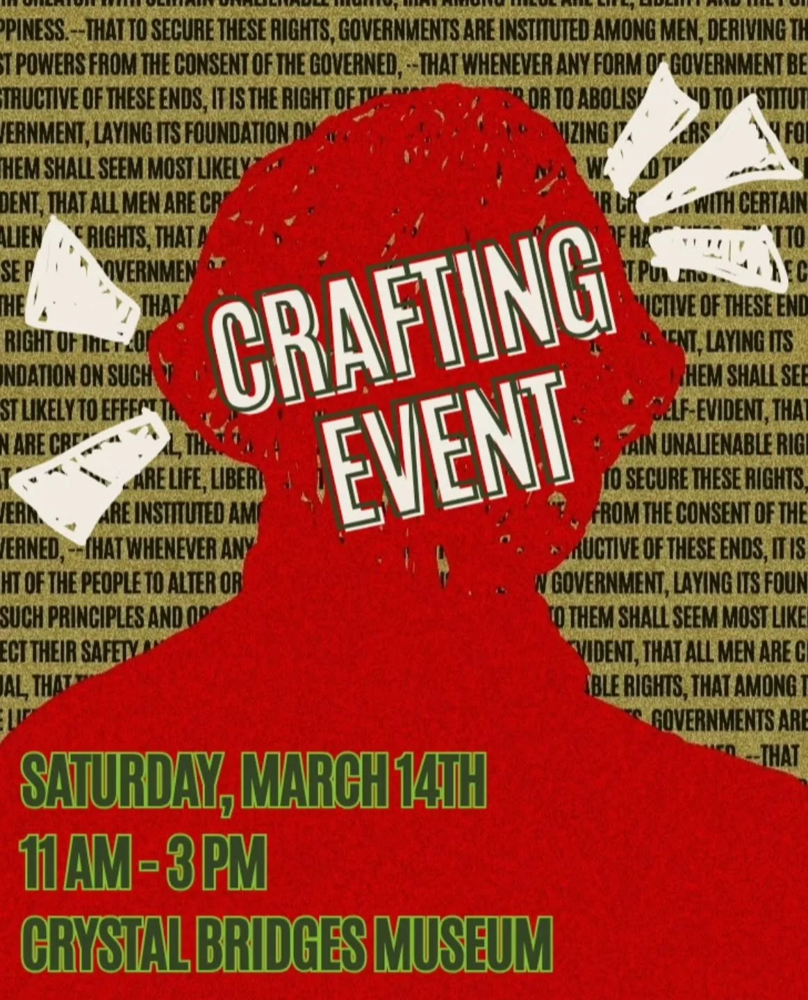Greetings, Friends!!! ✨️

We warmly invite you to join us on Saturday, March 14th, from 11 AM to 3 PM at the Crystal Bridges America 250 opening celebration! ❤️🤍💙 We're thrilled to bring an arts and crafts workshop to this exciting event, where we'