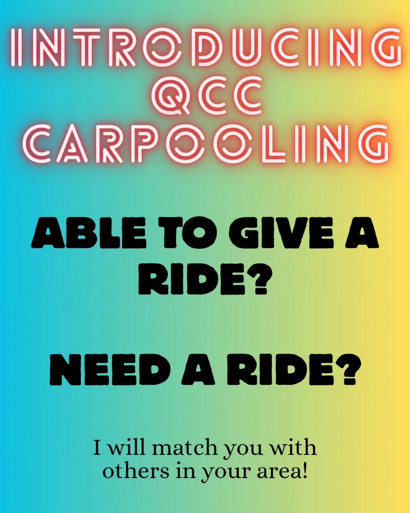 🚘🚦🏁VROOM VROOM 🏁🚦🚘

Is reliable transportation an obstacle for you to make it to our events? Are you a good samaritan with a fiery passion for carpooling? Fret no more!
 
Hi QCC fam! We want everyone to have access to our events. One way of inc