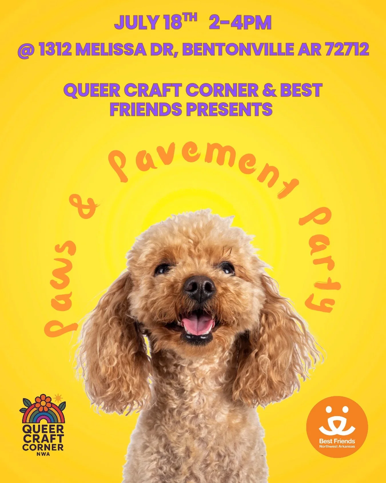 Hi Queer Craft Corner family 💛 

Thank you so much for your patience and support. We&rsquo;re excited to share that we have officially rescheduled our Paws &amp; Pavement Party in partnership with Best Friends! 

🐾 Saturday, July 18 
🕑 2&ndash;4 P
