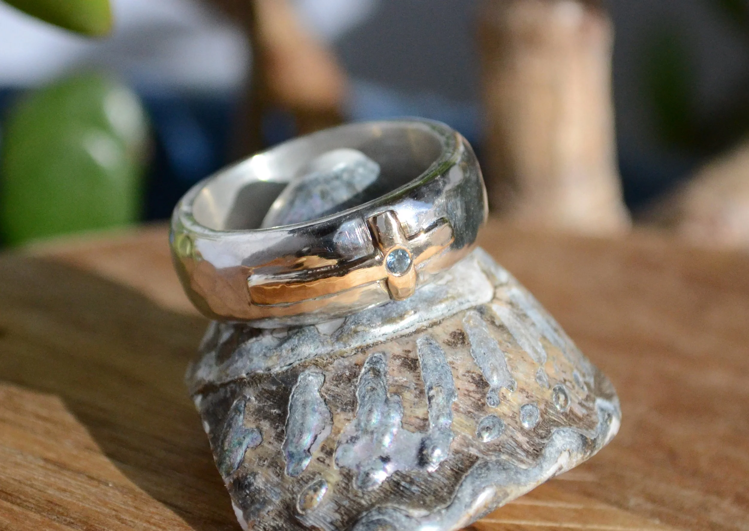 Sterling, Gold & Aquamarine Cross Ring