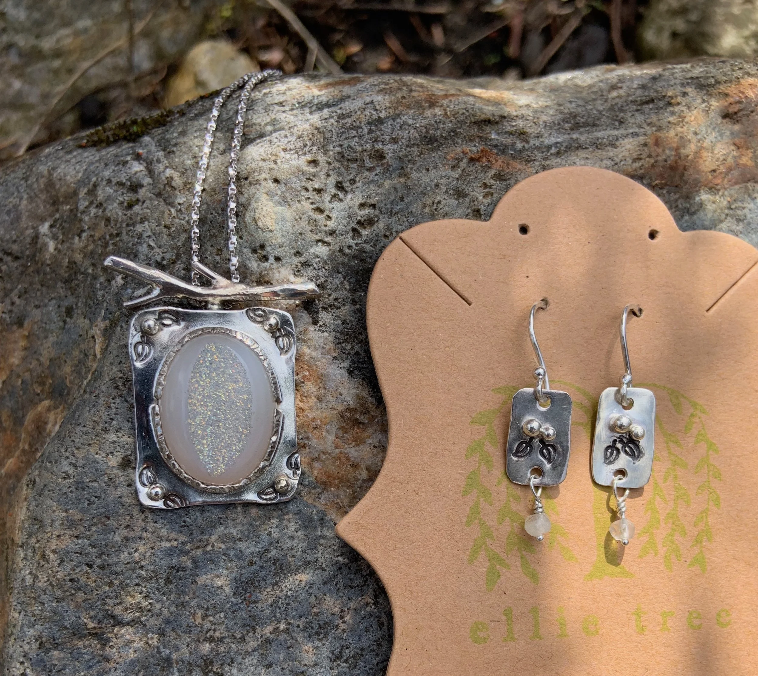 Druzy Quartz & Sterling Pendant & Earrings