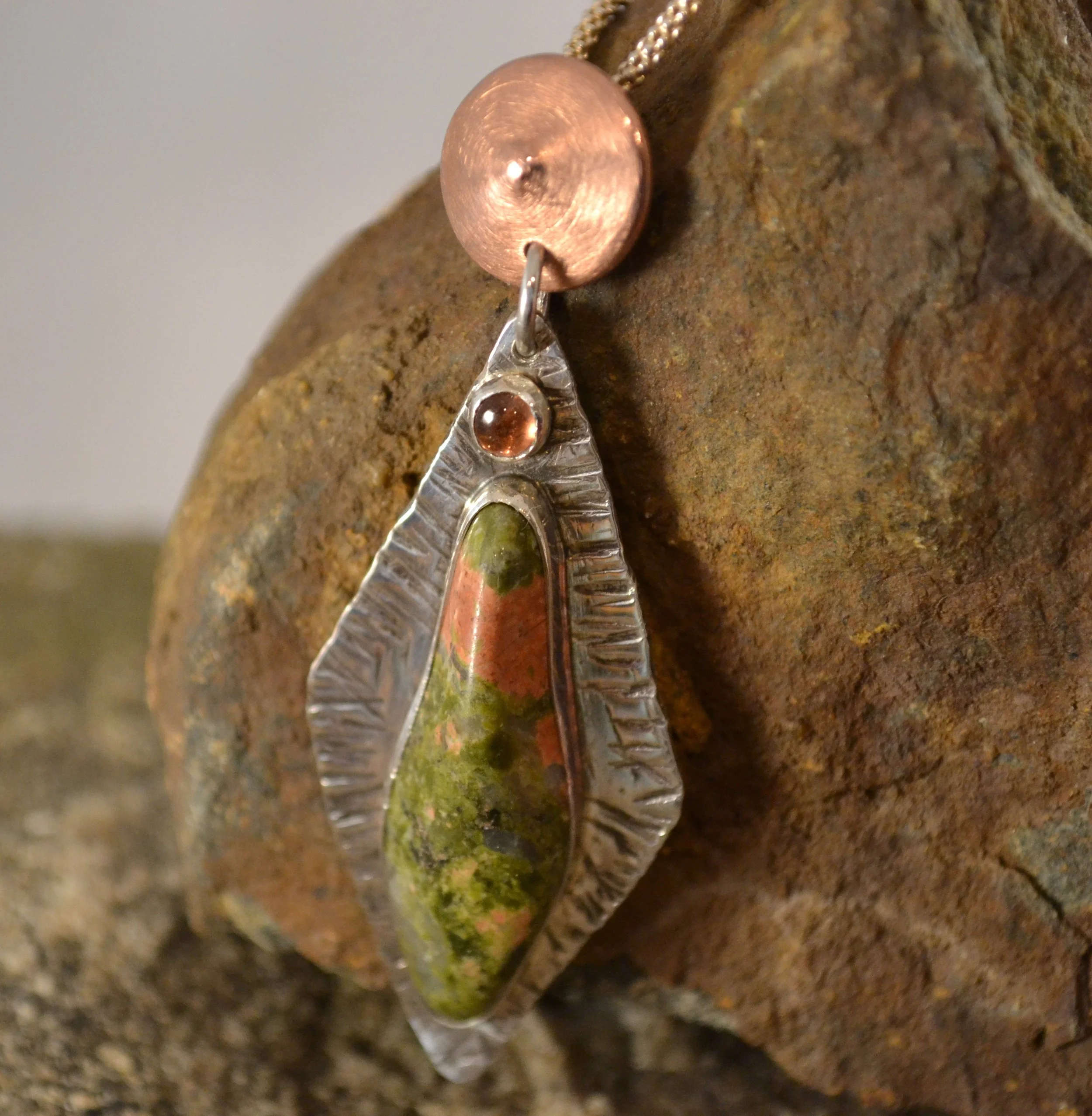 Unakite, Copper and Sterling Pendant