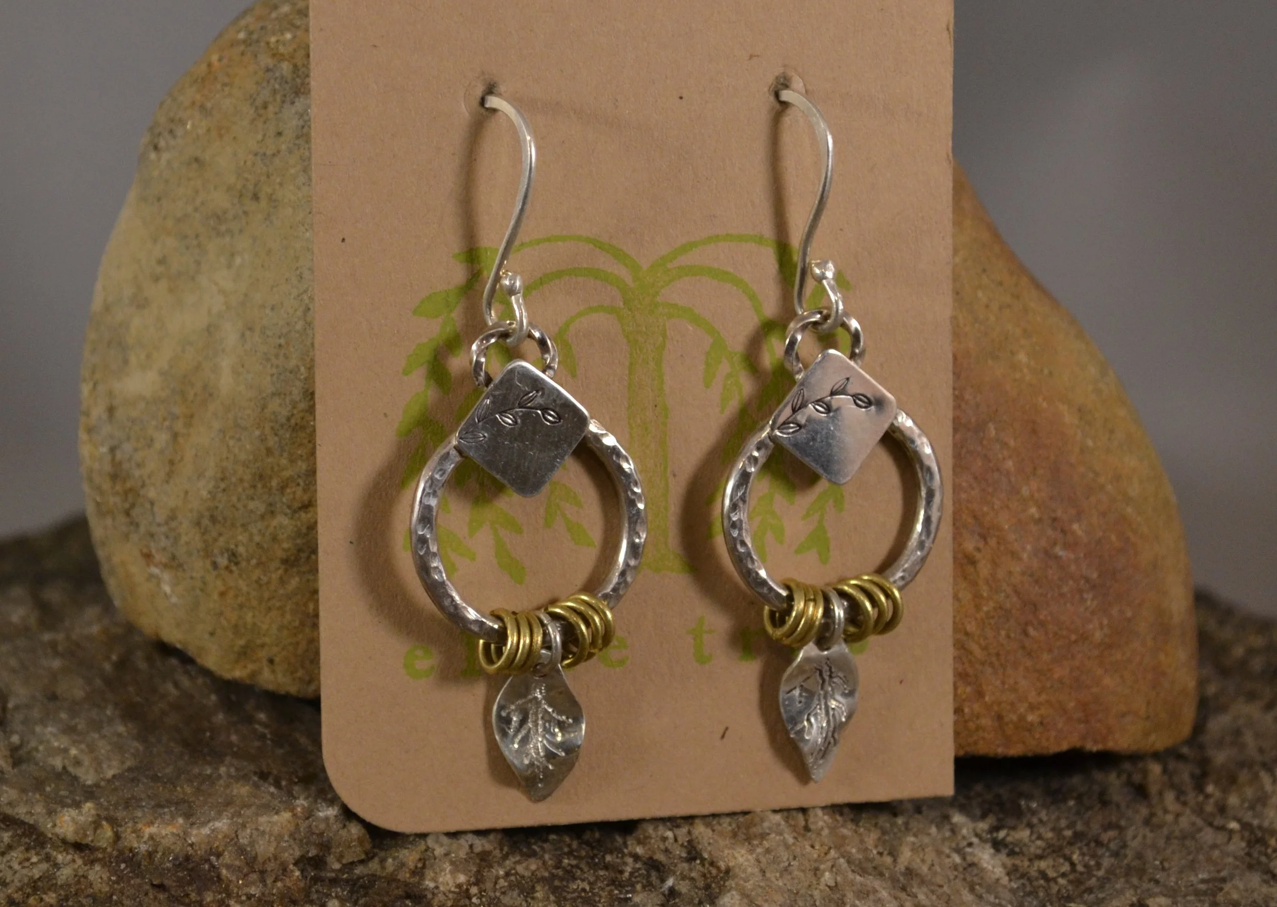 Sterling and Brass Leaves & Loops Earrings