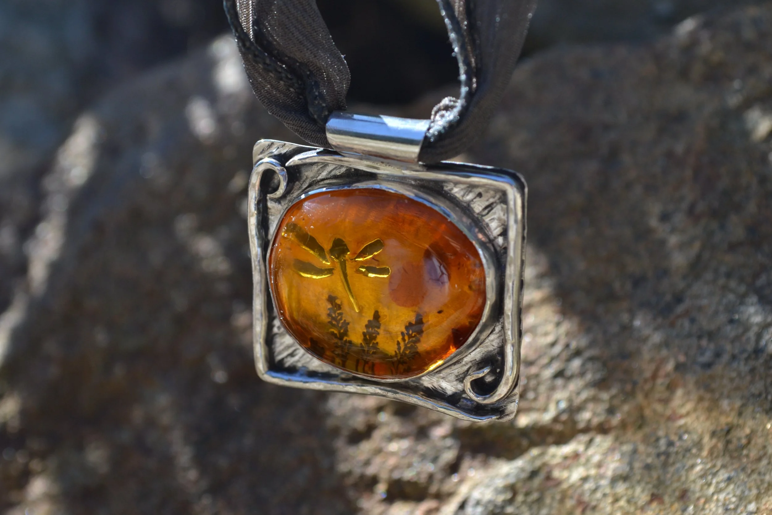 Dragonfly Pierced Sterling & Amber Pendant