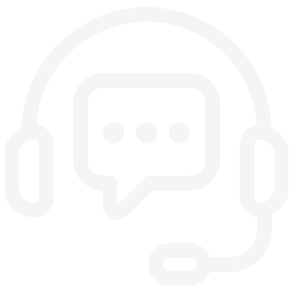 Outline icon of a headset with a speech bubble containing three dots, representing customer support or communication.