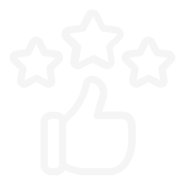 White outline of a thumbs-up hand with three stars above it on a black background.