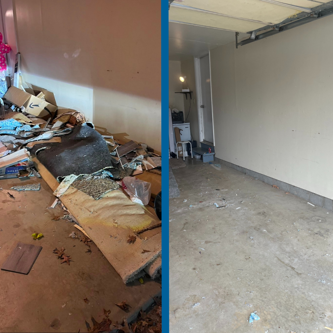 Comparison of a cluttered, dirty garage before cleaning on the left and a cleaned, empty garage after cleaning on the right.