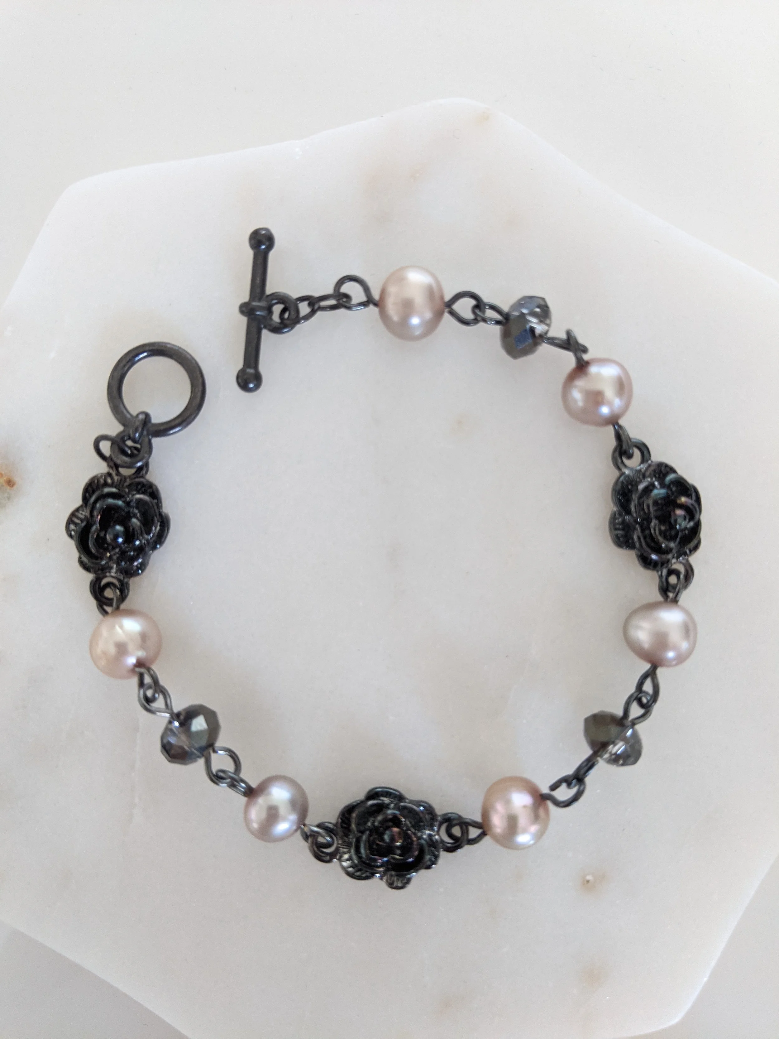 Taupe pearl bridal bracelet gunmetal jewelry Delphiq Jewelry