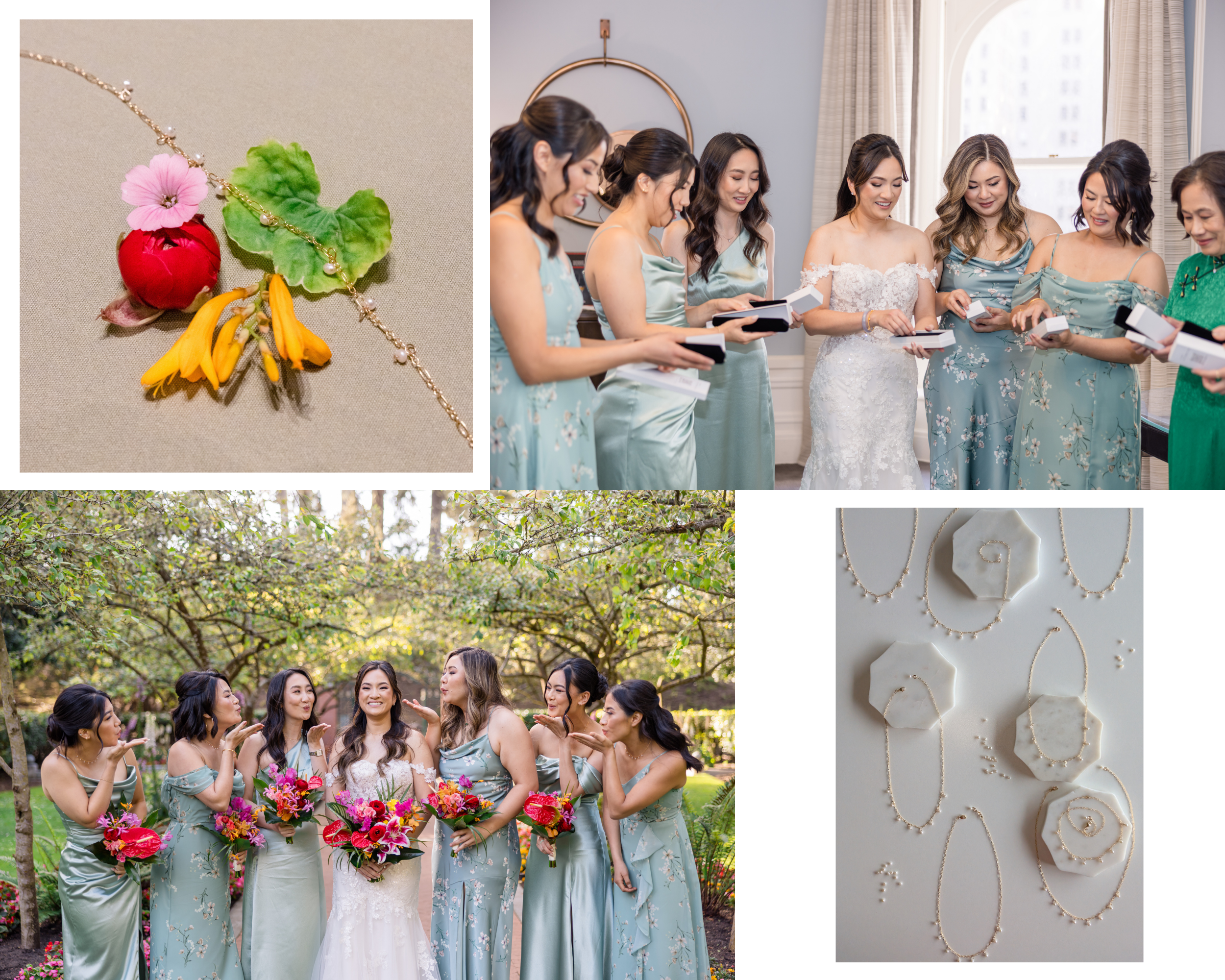 Matching pearl choker necklaces for bride and sage bridal party