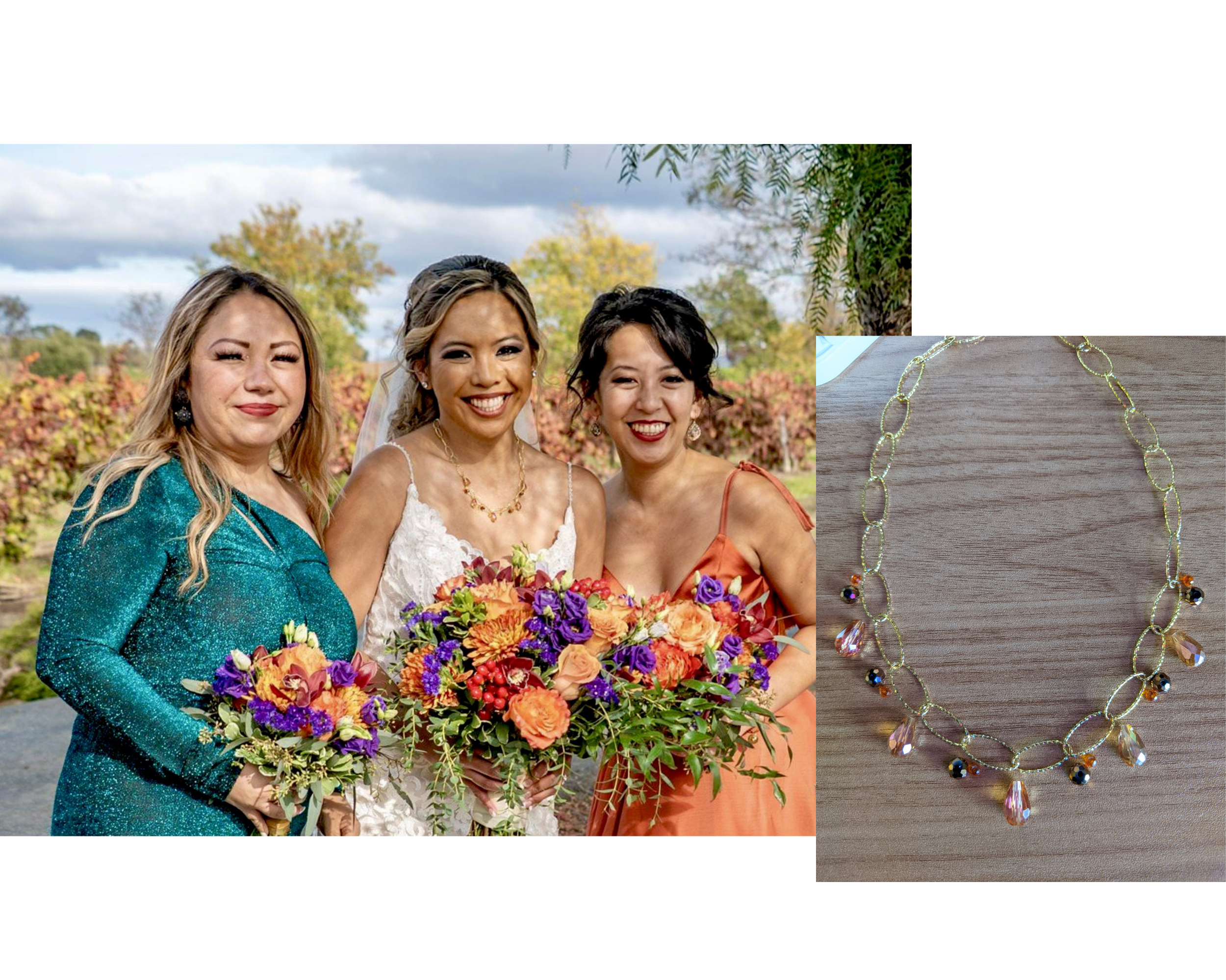 Autumn tones in bridal necklace for Bride’s favorite fall season wedding