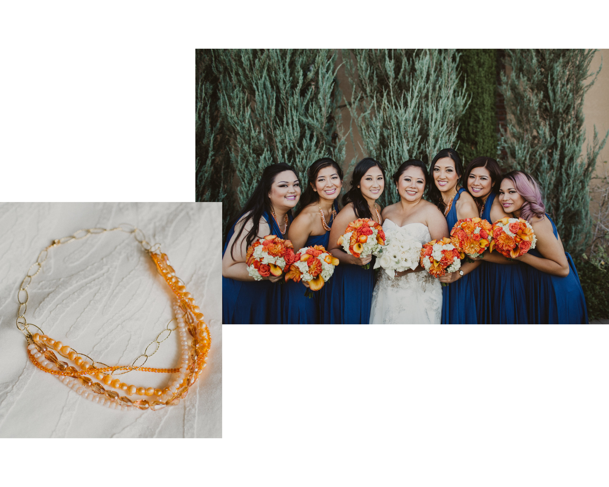 Orange pearl and crystal bridesmaid necklaces matching wedding florals