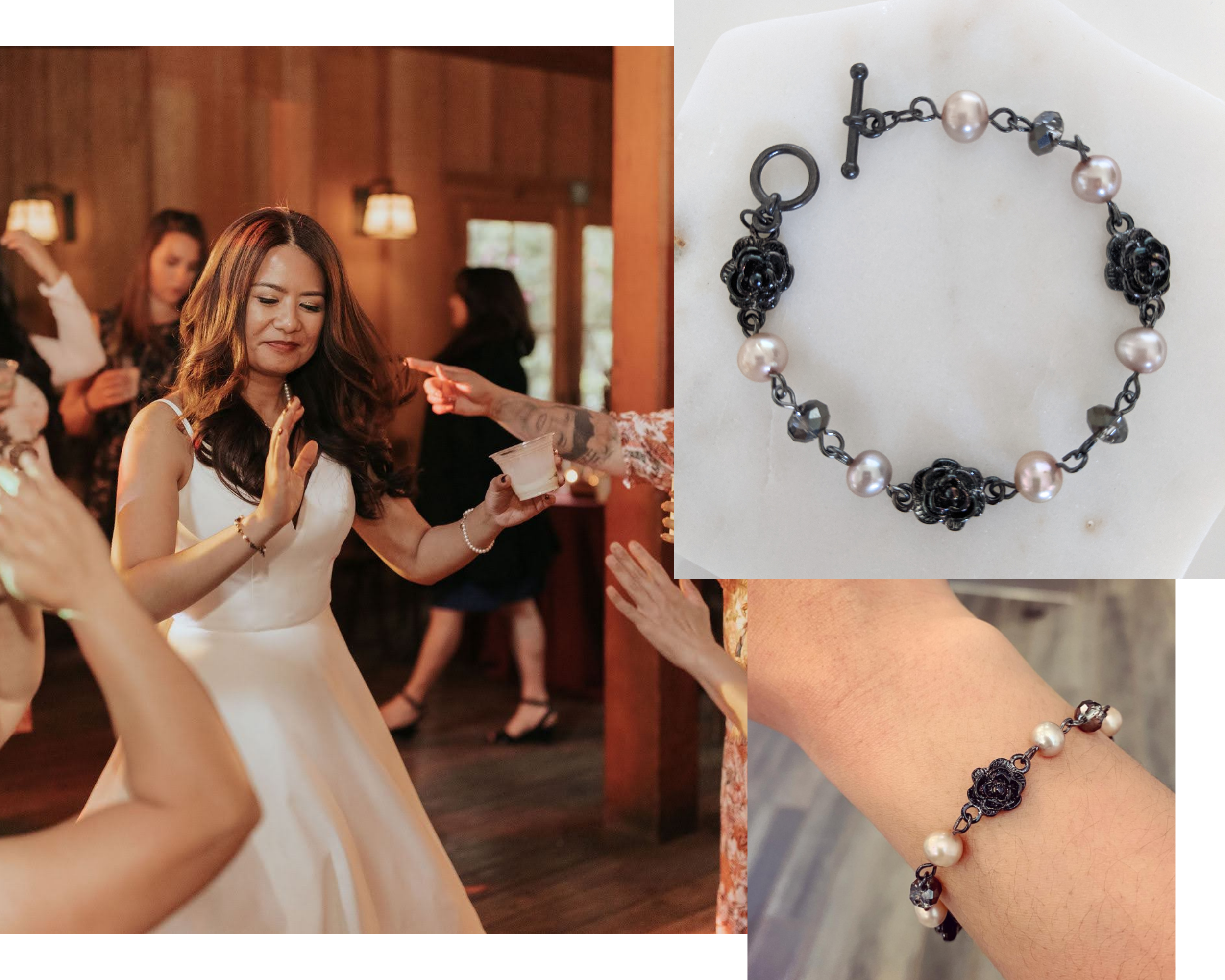 Goth-inspired bridal bracelet with taupe pearls and gunmetal details