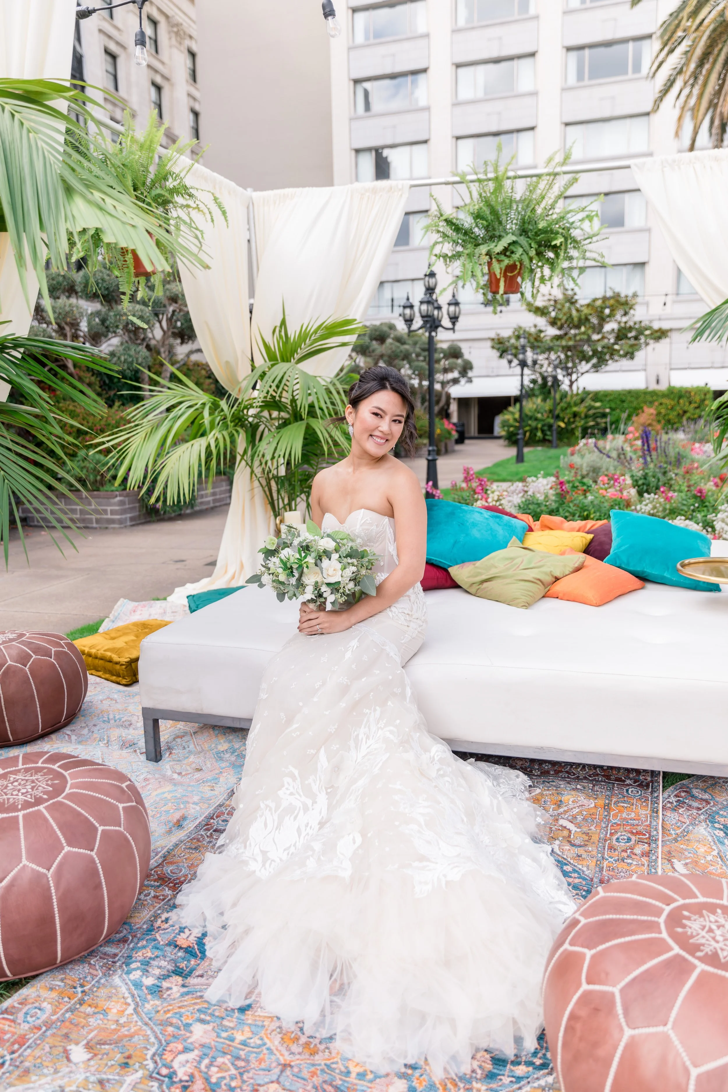 Trang founder jewelry designer of Delphiq Jewelry on her wedding day custom pearl and gemstone bridal jewelry San Francisco