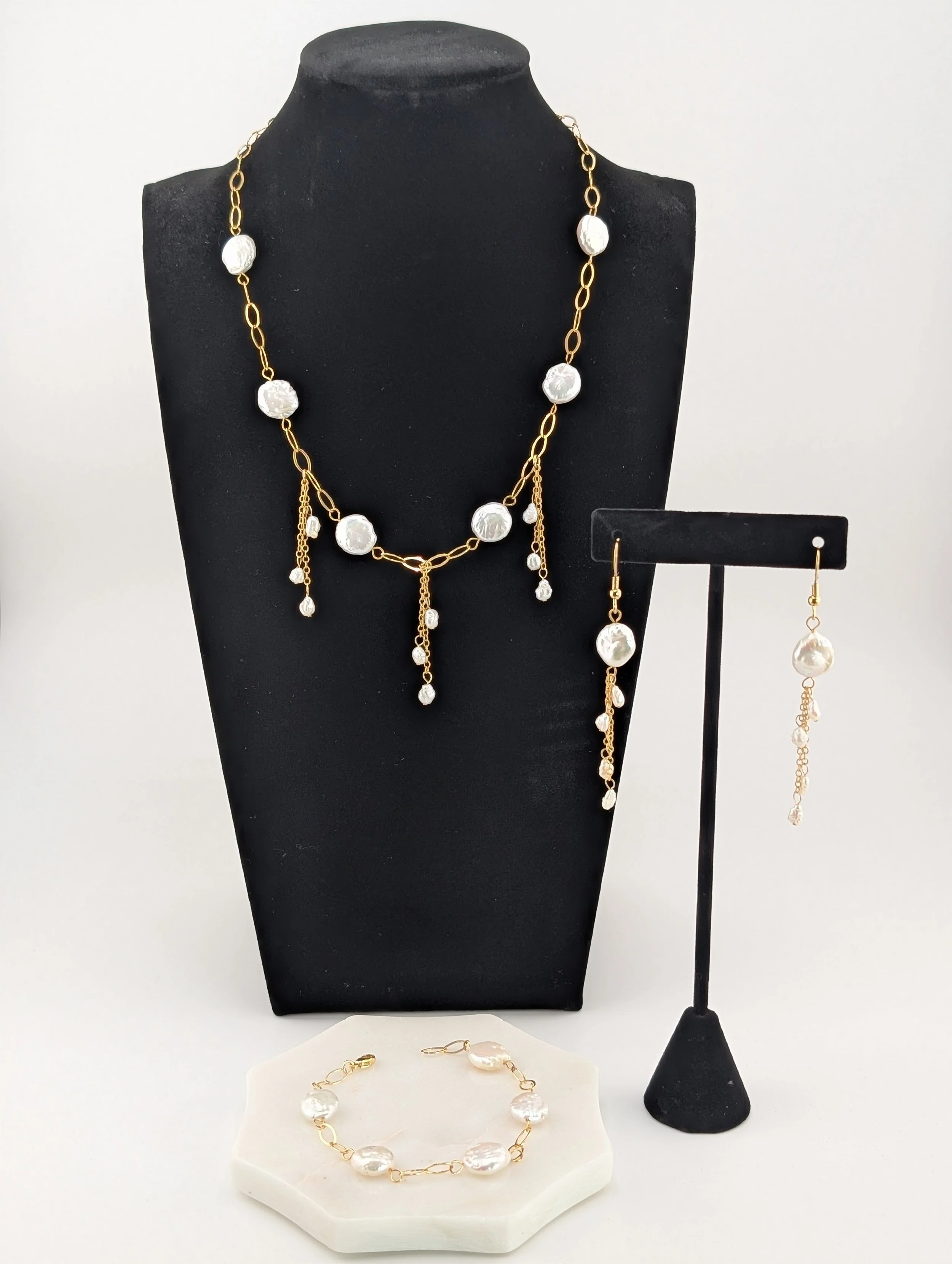 Custom bridal jewelry 3 piece pearl set handmade necklace bracelet earrings matching Delphiq Jewelry