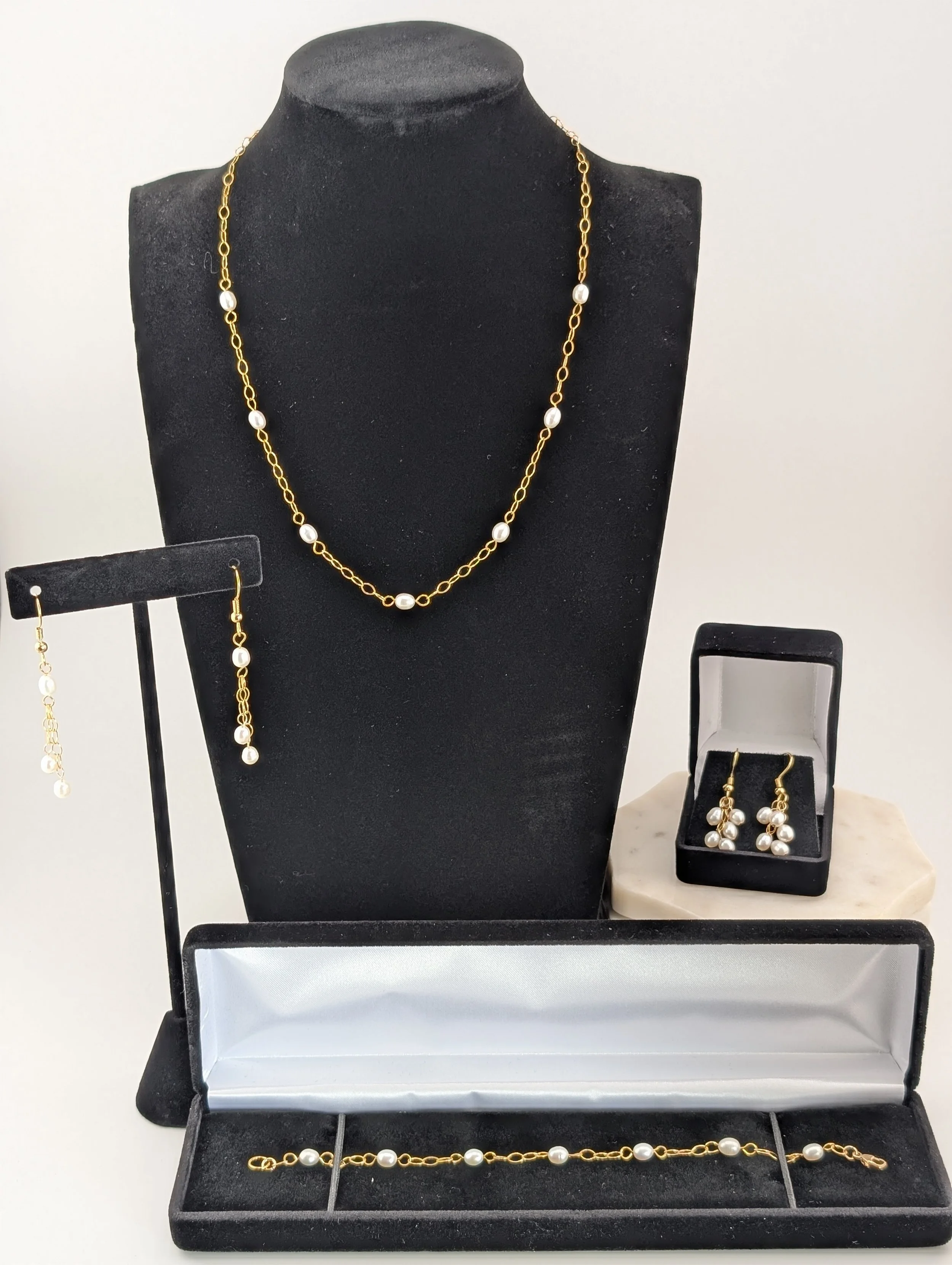 Custom bridal jewelry 3 piece pearl set Delphiq Jewelry