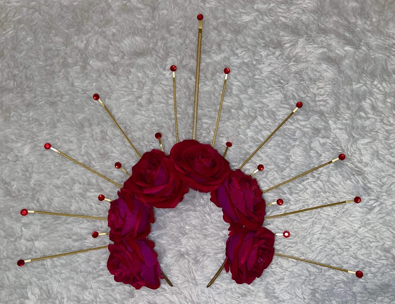 Headpiece crown, gold with red rose accent