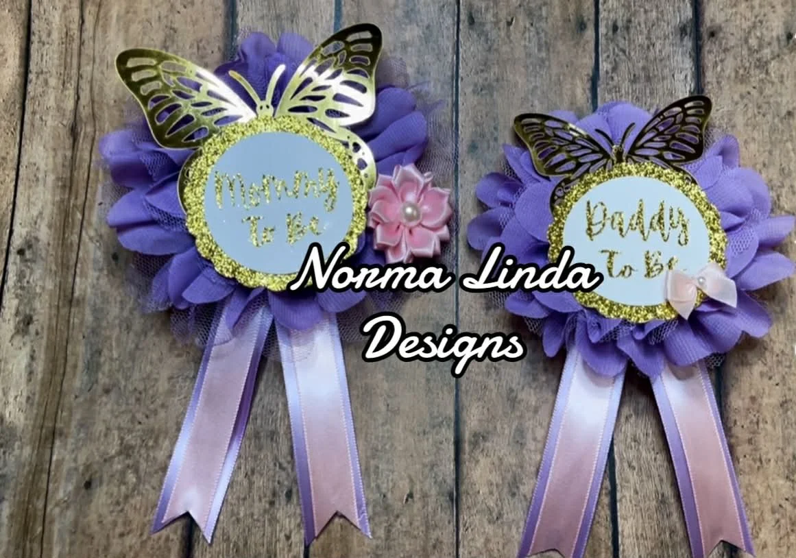 Butterfly theme mommy and daddy to be pins for shirt. featuring purple, pink and gold with butterfly glitter accent and floral