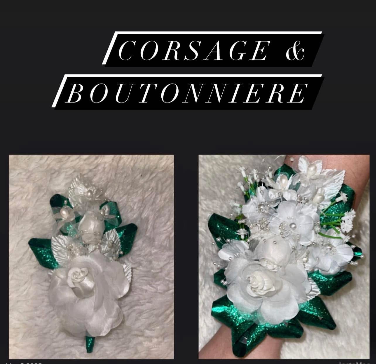 Overhead view of green and white boutonniere corsage set