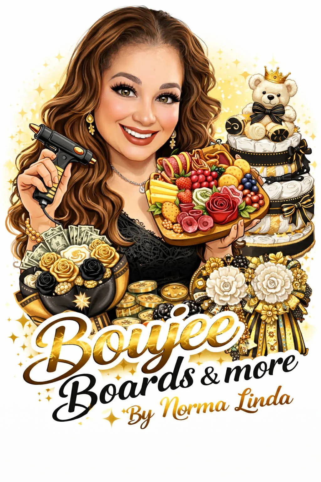 AI generated caricature of Norma Linda holding a charcuterie board in one hand and a hot glue gun in the other, representing her creative business. She is surrounded by a diaper cake, a bouquet with gold, black and white flowers and money, sc