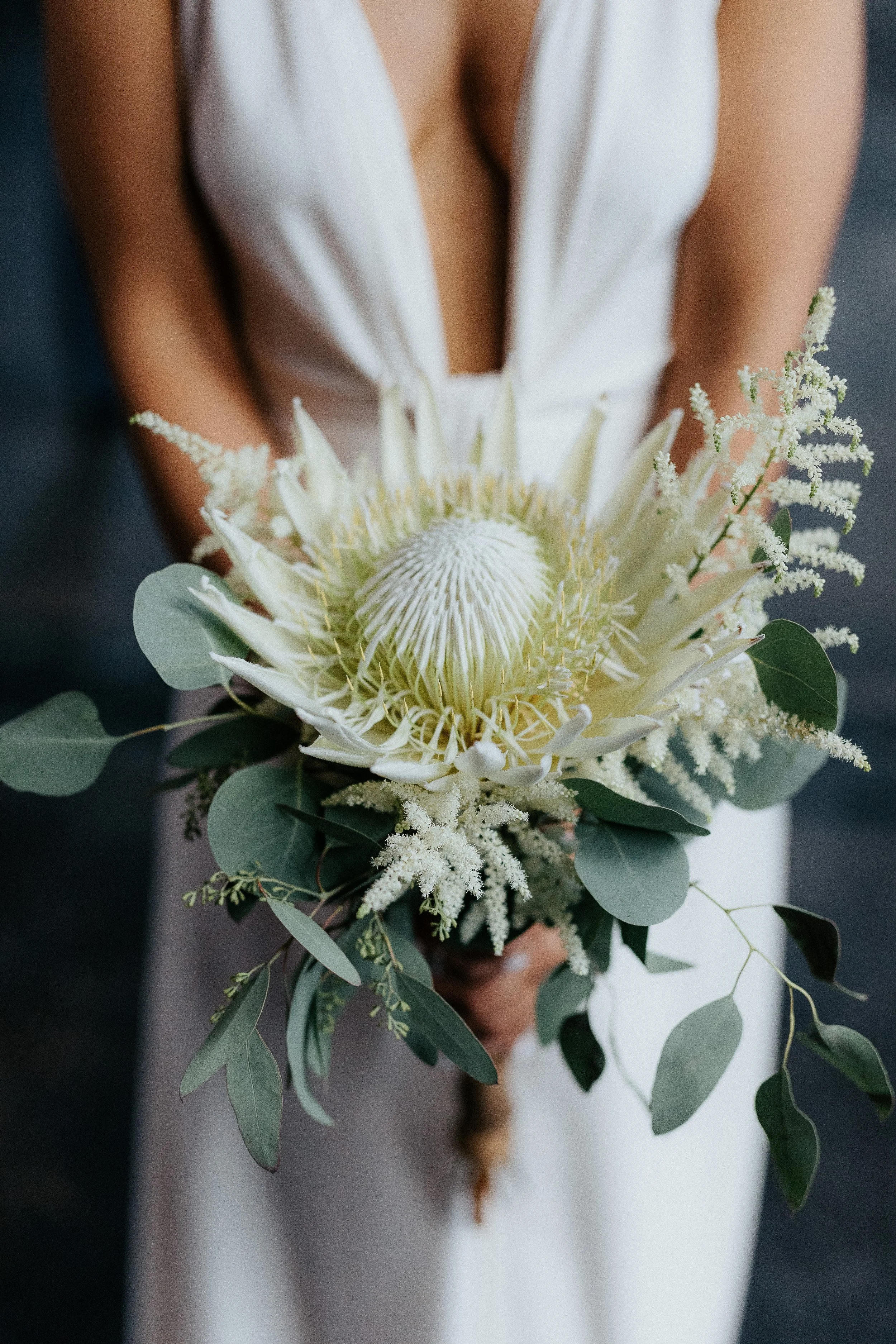Bridal bouquet with white protea flower, white lilies, eucalyptus leaves, and white astilbe, held by a woman in a white dress.