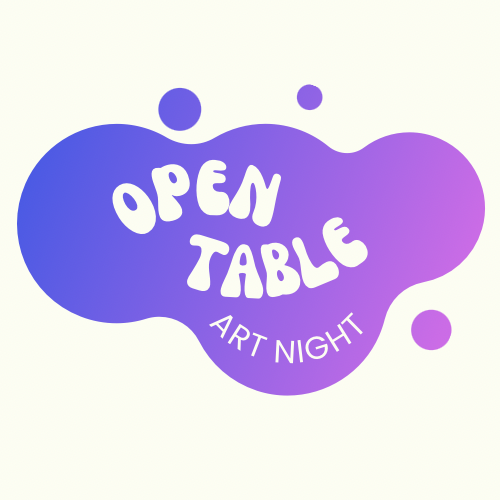 Graphic for Open Table Art Night with purple gradient background and playful white text