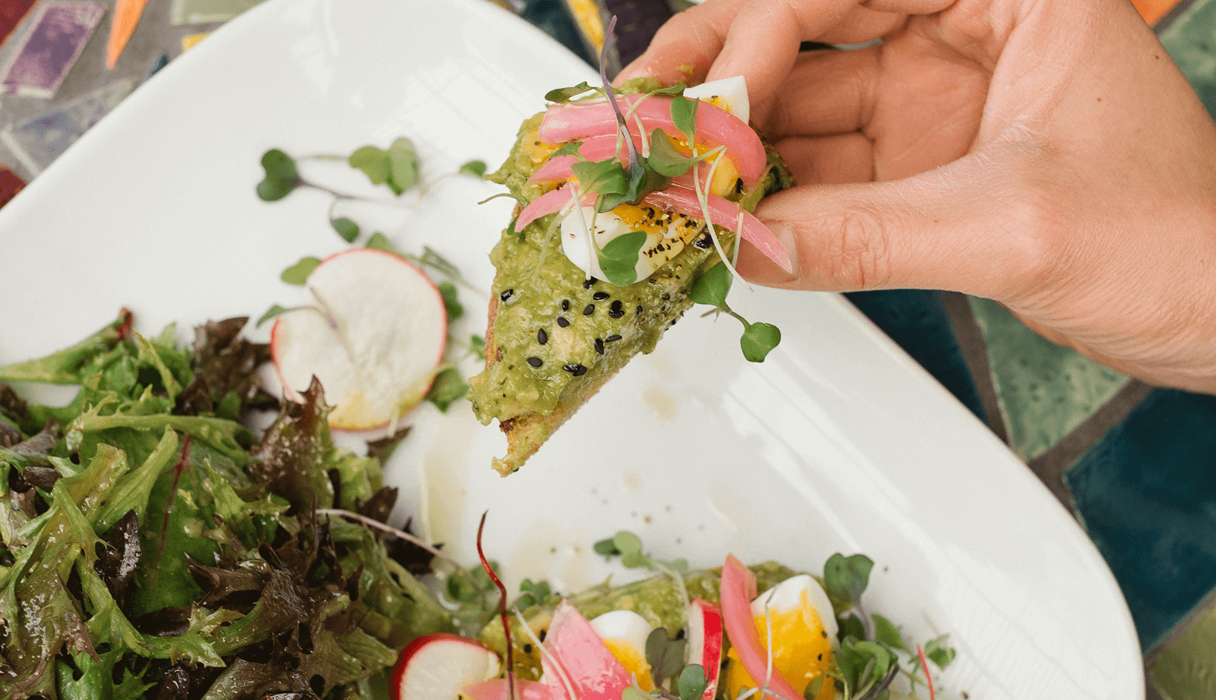 Hand holding a piece of avocado toast topped with microgreens, radish slices, pickled onions, and a soft-boiled egg, served with a side salad of mixed greens and radish slices on a white plate.