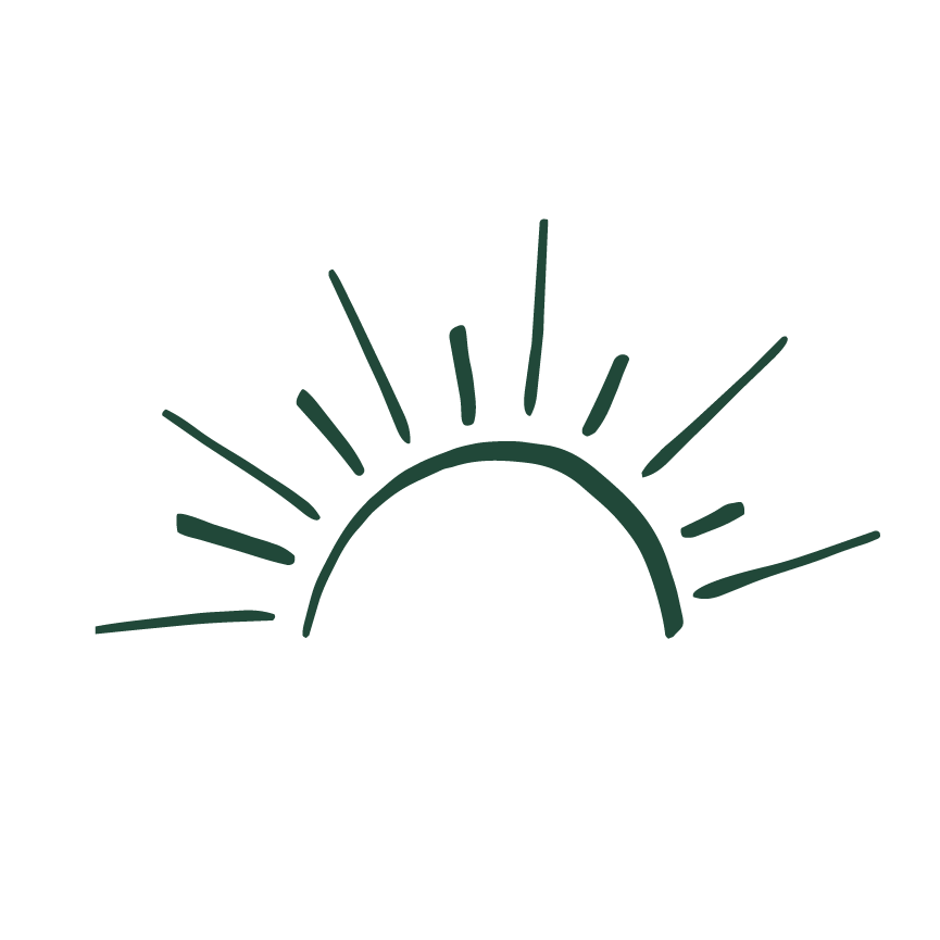 Simple line drawing of a sunrise with rays emanating from behind a horizon.
