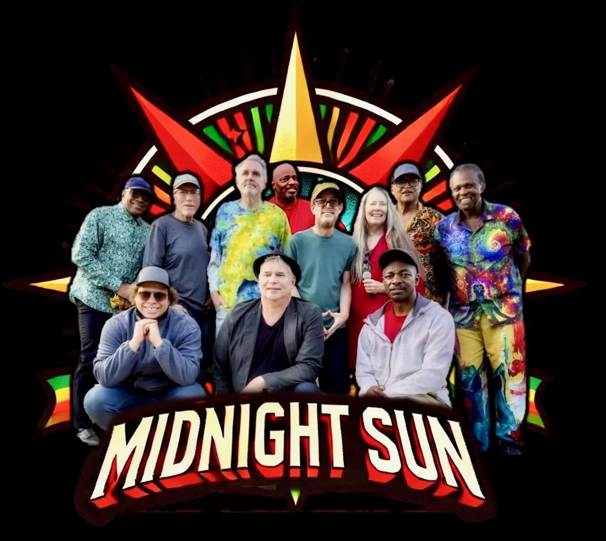 Group photo of ten diverse people with a colorful, psychedelic background featuring a compass rose and the text 'Midnight Sun' in bold, stylized font.