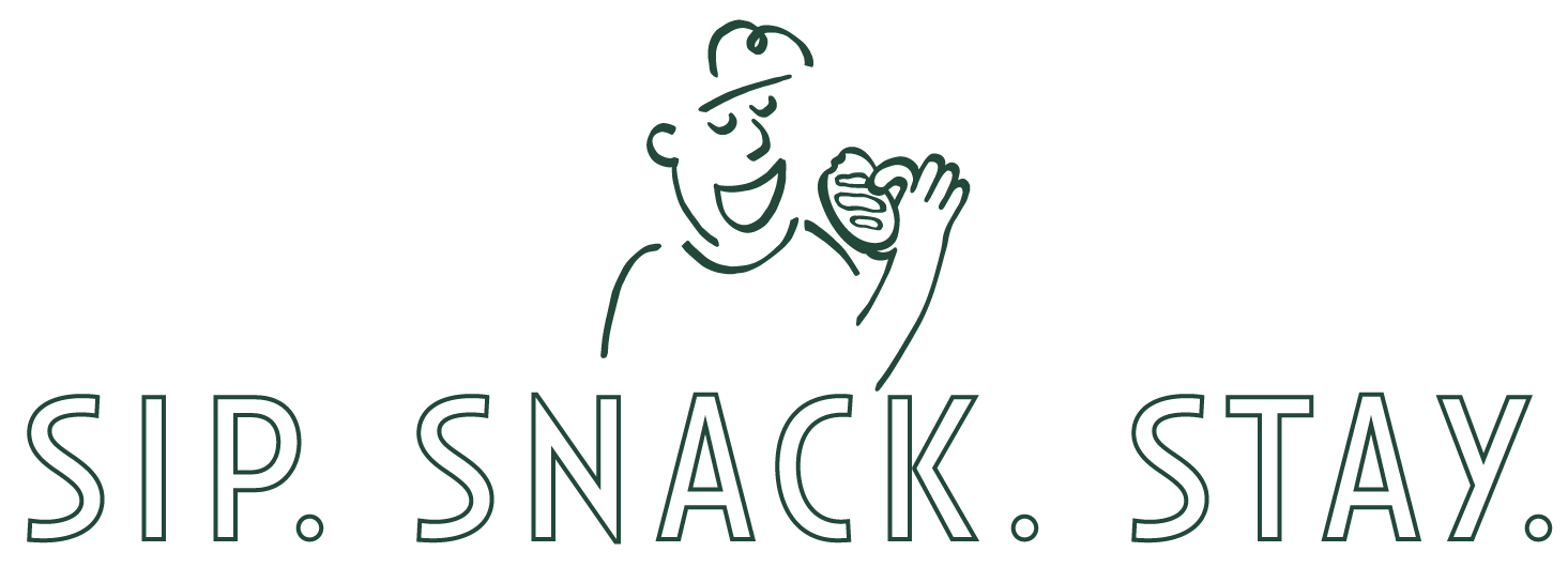 Logo with a smiling man eating a burger, with the text 'SIP. SNACK. STAY.' underneath.