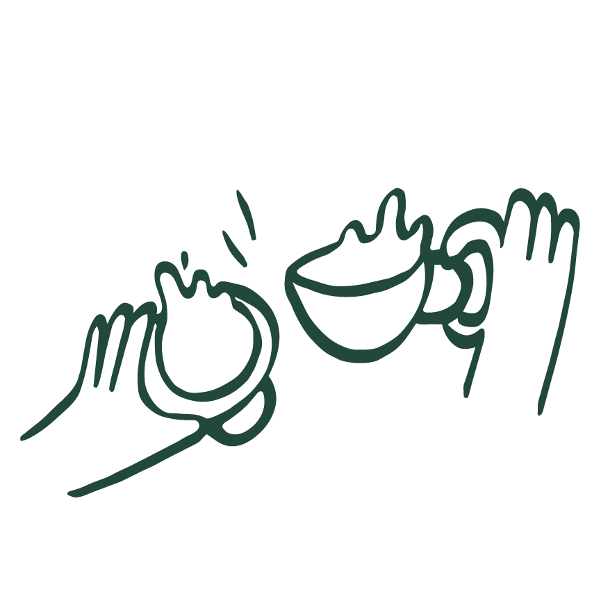 Two hands raising teacups in a toast with steam rising from the cups.