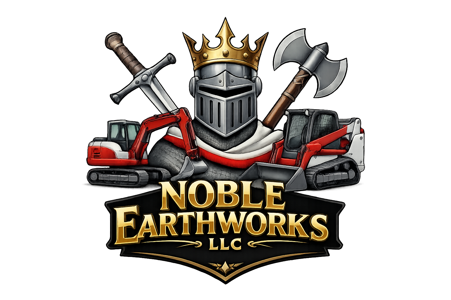 A logo featuring a medieval knight with a gold crown and helmet, holding a sword and an axe, surrounded by construction vehicles like a bulldozer and an excavator, with the text 'Noble Earthworks LLC' in bold gold letters.