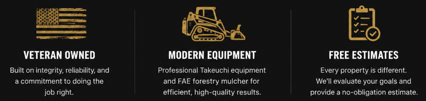 An advertisement with three sections: 1) American flag with the text "Veteran Owned" and a description; 2) Illustration of forestry equipment with the text "Modern Equipment" and a description; 3) Checklist icon with the text "Free Estimates" and a description.