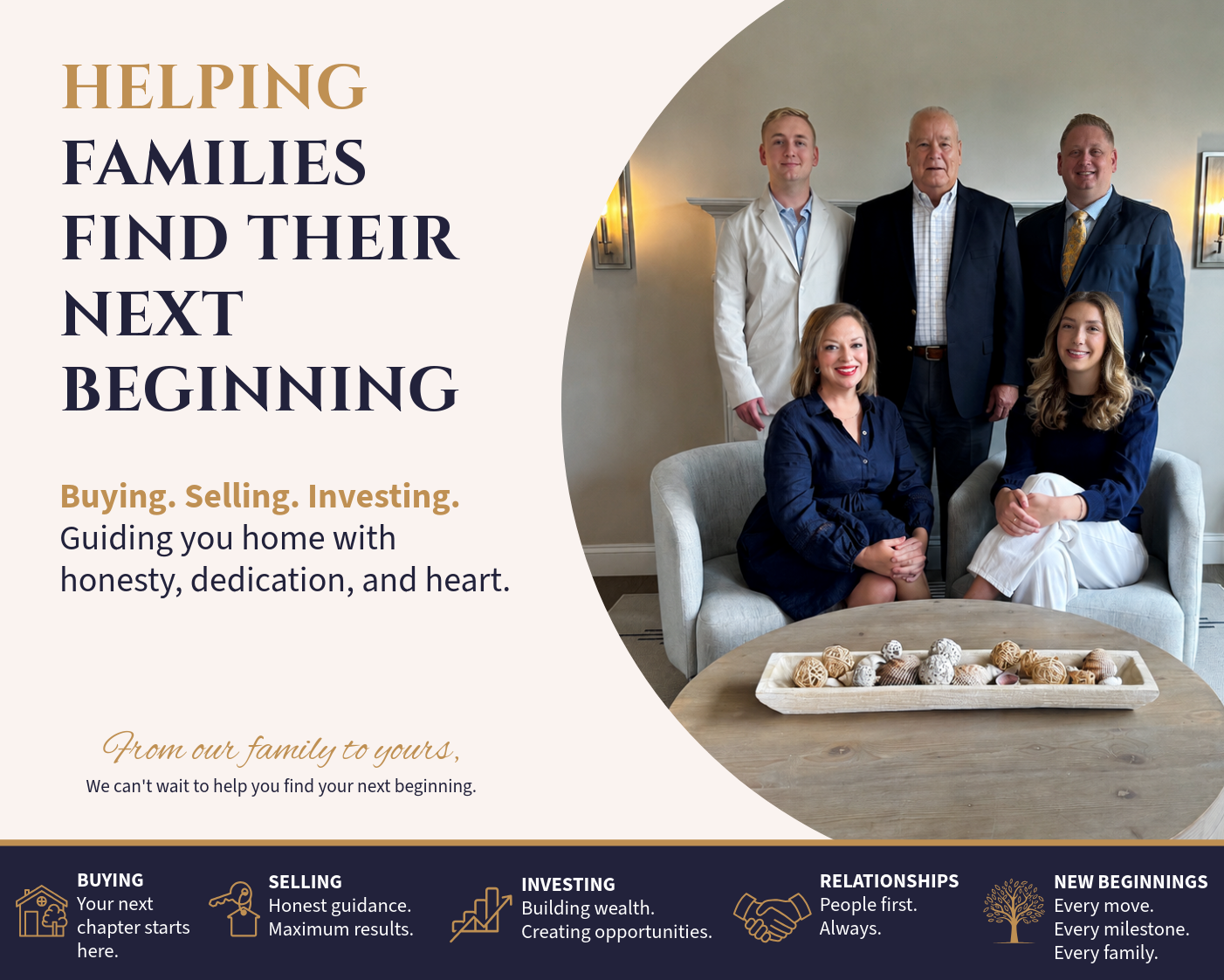 A group of five people, three men and two women, dressed in formal attire, posing in a living room setting with beige walls, a gray couch, and decorative lighting. They are smiling and sitting or standing around a coffee table with decorative balls, suggesting a professional environment related to real estate or family services.