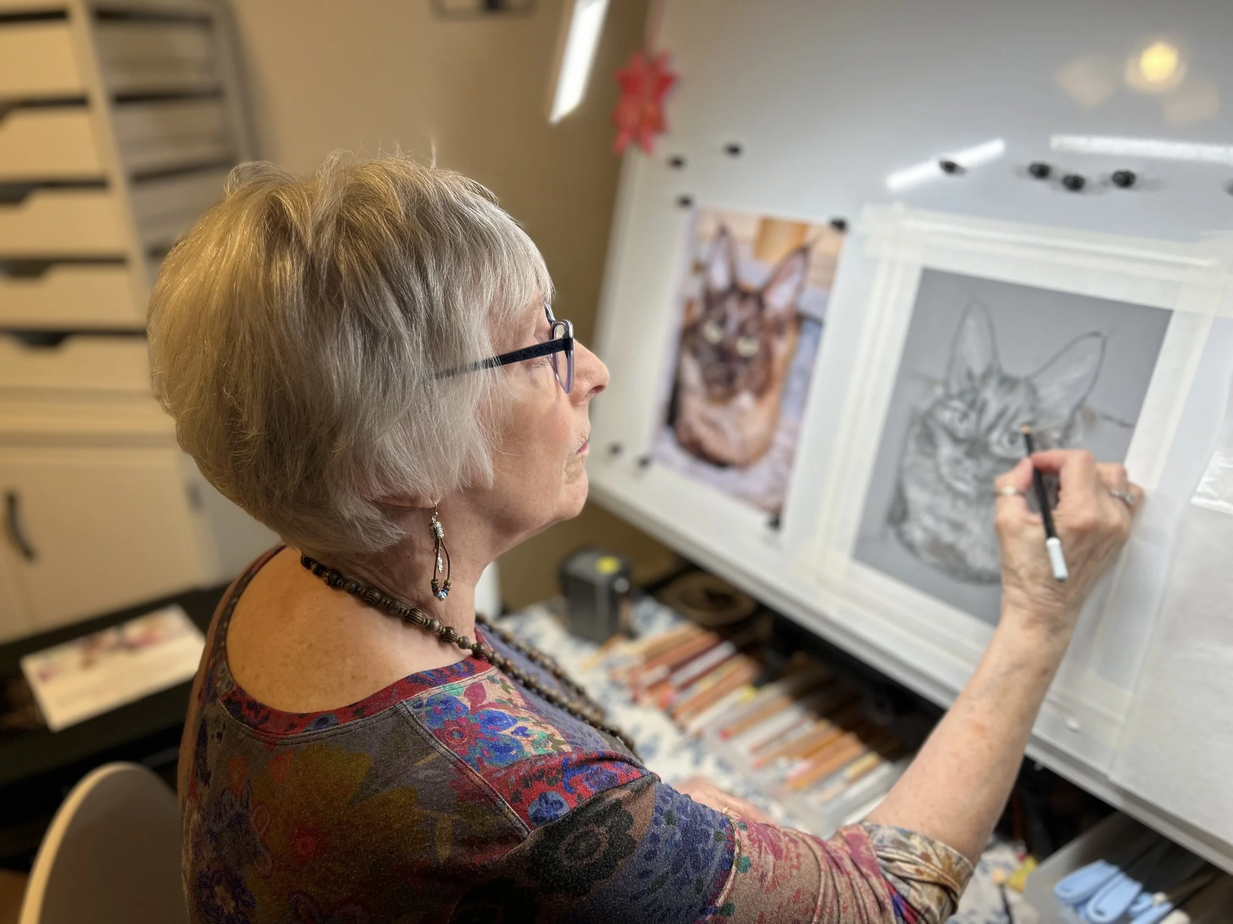 An older woman with gray hair and glasses drawing a detailed sketch of a cat on a whiteboard or canvas.