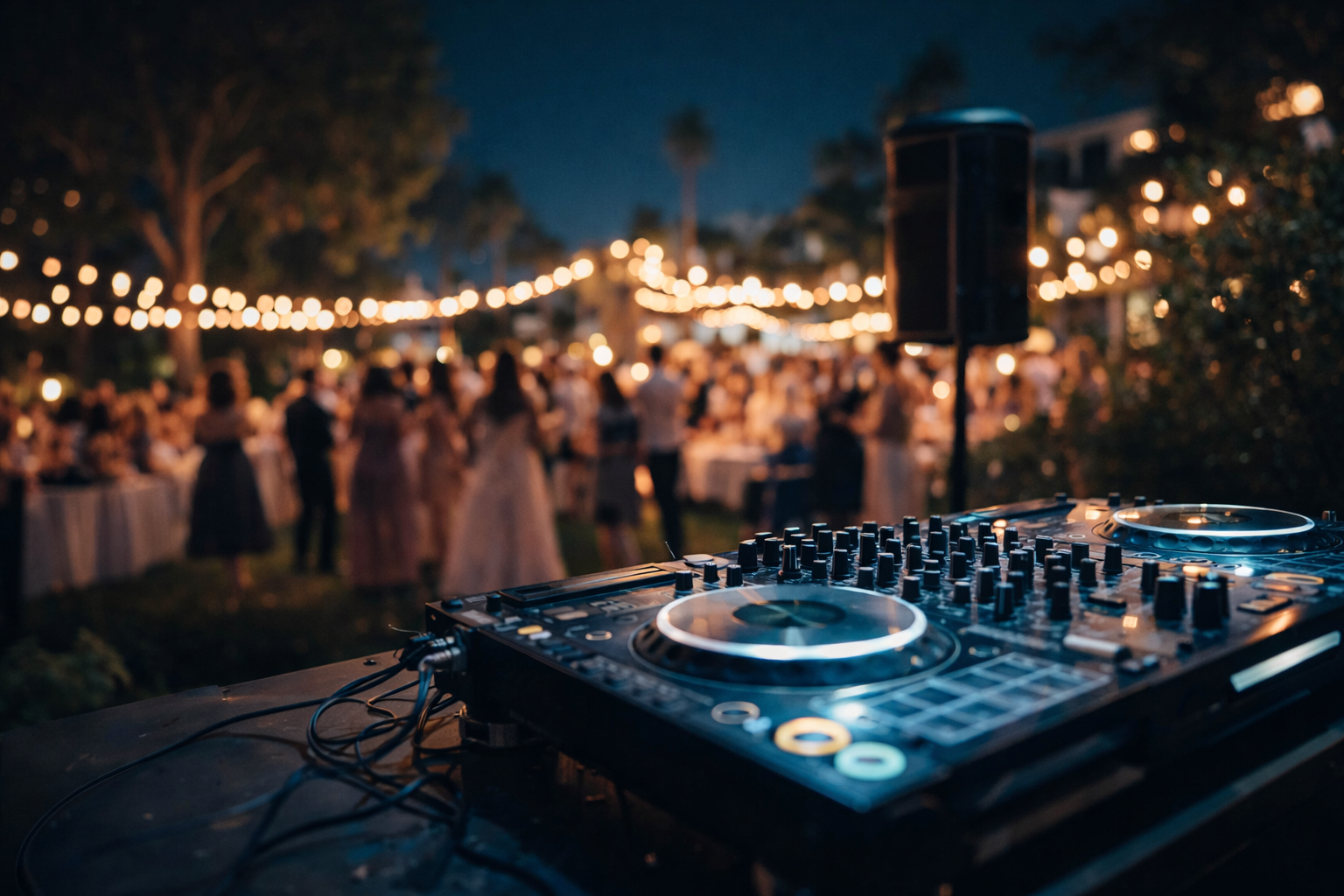 A DJ setup with turntables and mixer in the foreground at an outdoor evening event. In the background, blurry guests are dancing under string lights with trees and a dark sky overhead.