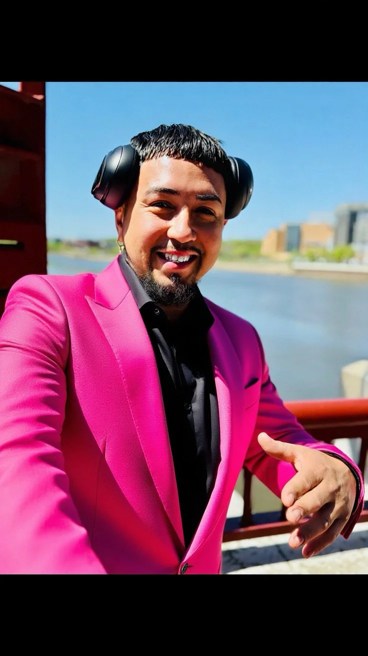 A man wearing a bright pink suit jacket and black shirt, smiling and pointing, outdoors near water with buildings in the background, wearing large black headphones.