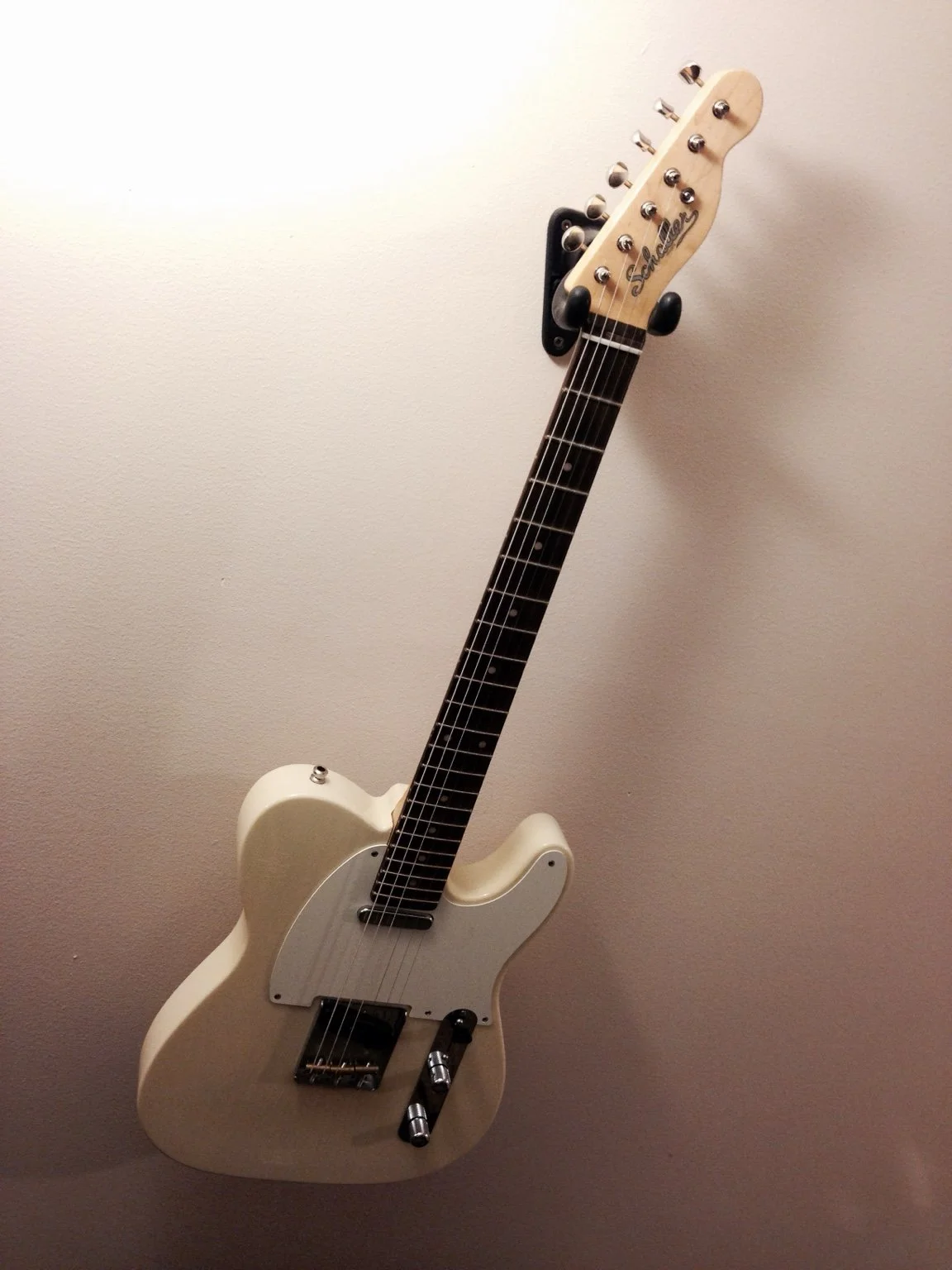 Completed Telecaster-style guitar built from scratch in 2015, with a light body and dark fingerboard.