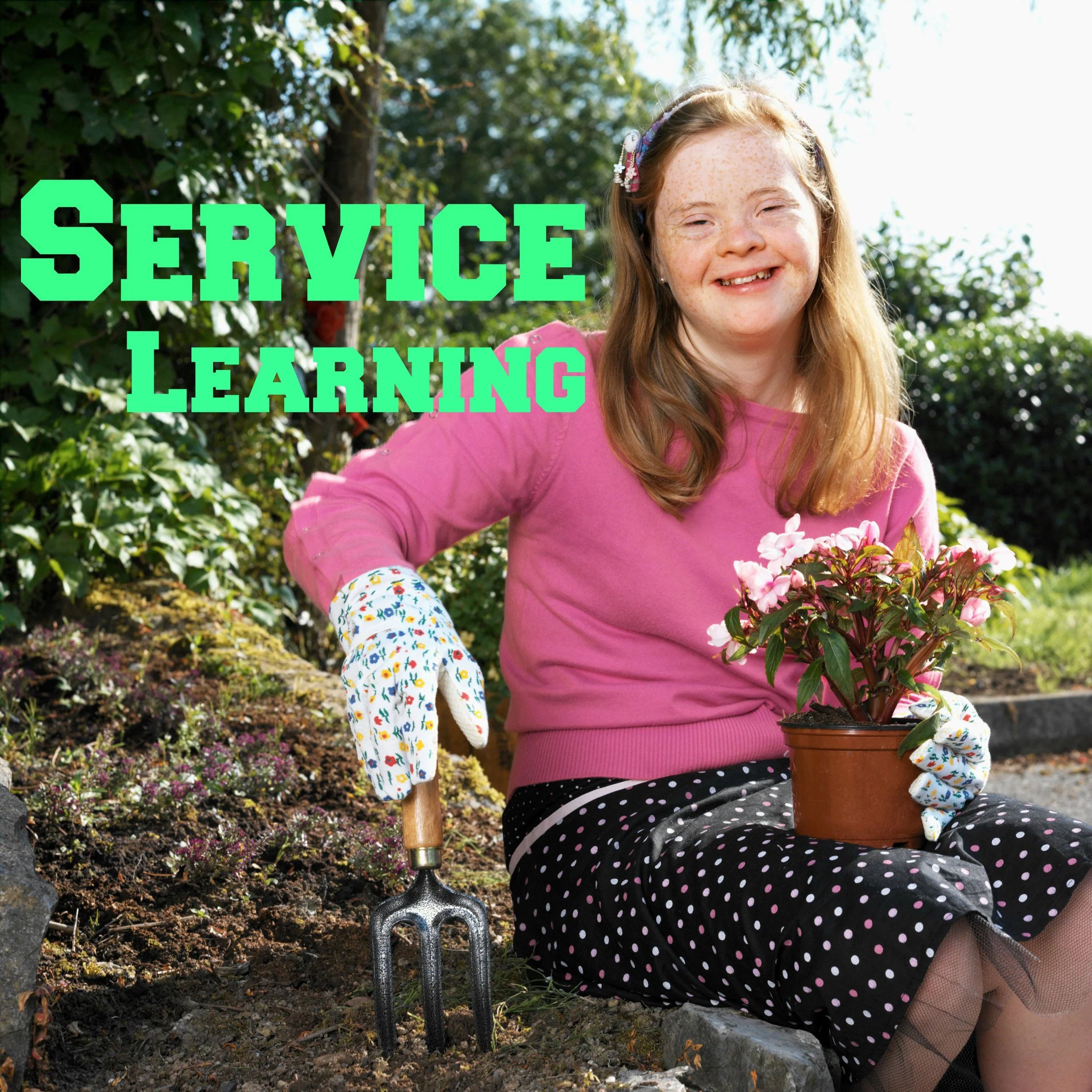 A young girl with red hair, freckles, and a headband is planting a flower in a garden. She is wearing a pink shirt, polka dot pants, and gardening gloves. The background features green bushes and trees with sunlight filtering through.