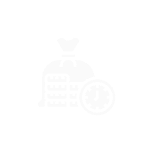 Bag of money, stack of coins, and a clock.