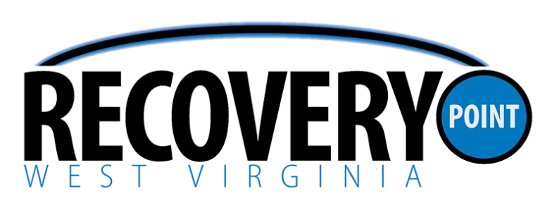 Logo for Recovery Point West Virginia with a black curved line and text in black and blue.