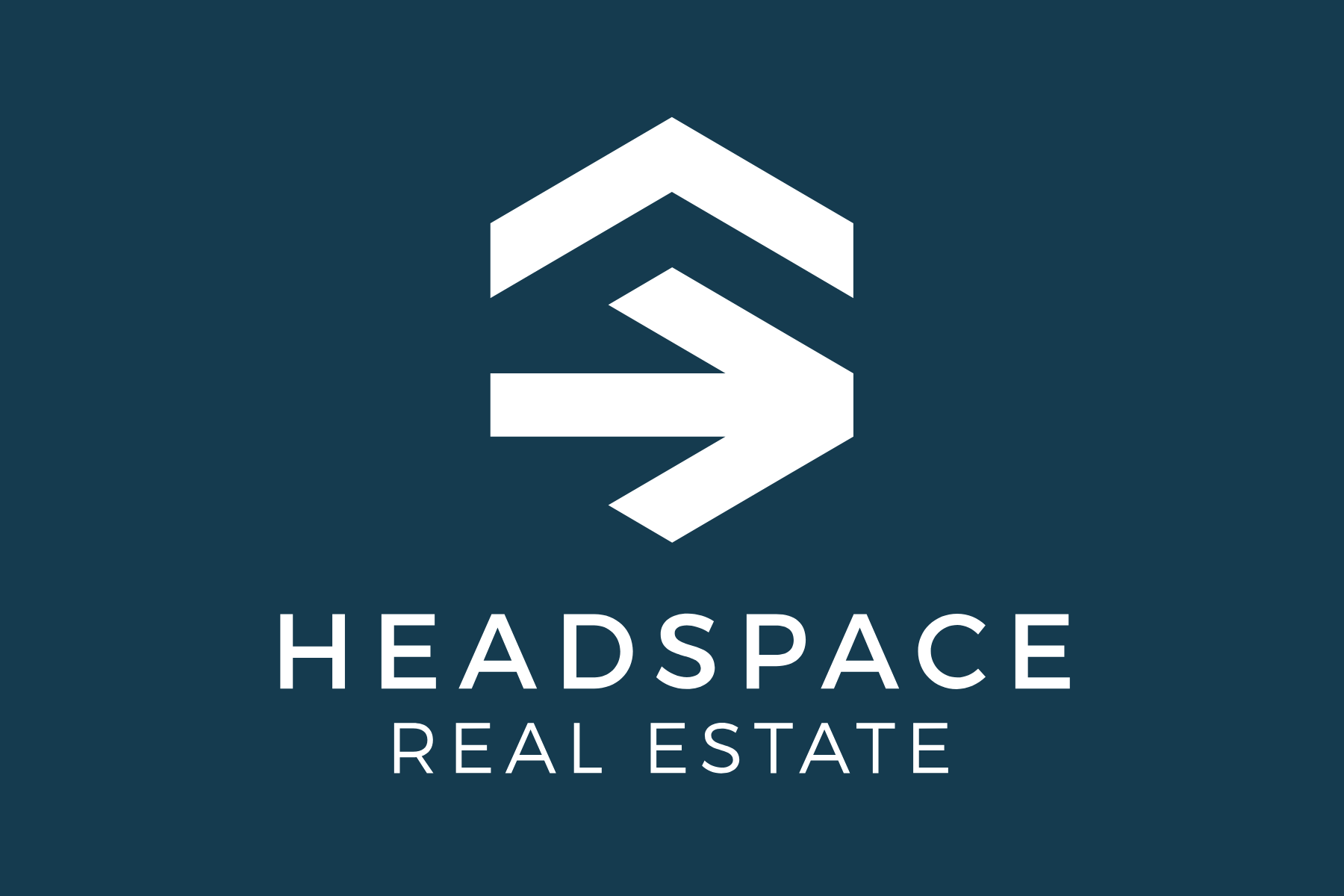 Headspace Real Estate logo featuring a stylized white house icon with an arrow inside on a dark blue background, with the company name in white text below.