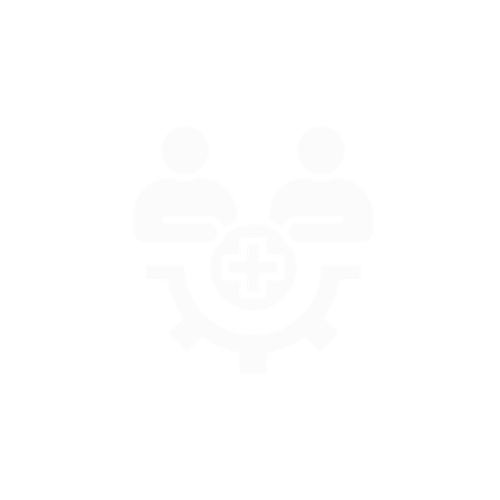 Icon showing two healthcare professionals, a plus sign, and a gear, symbolizing healthcare technology or medical collaboration.