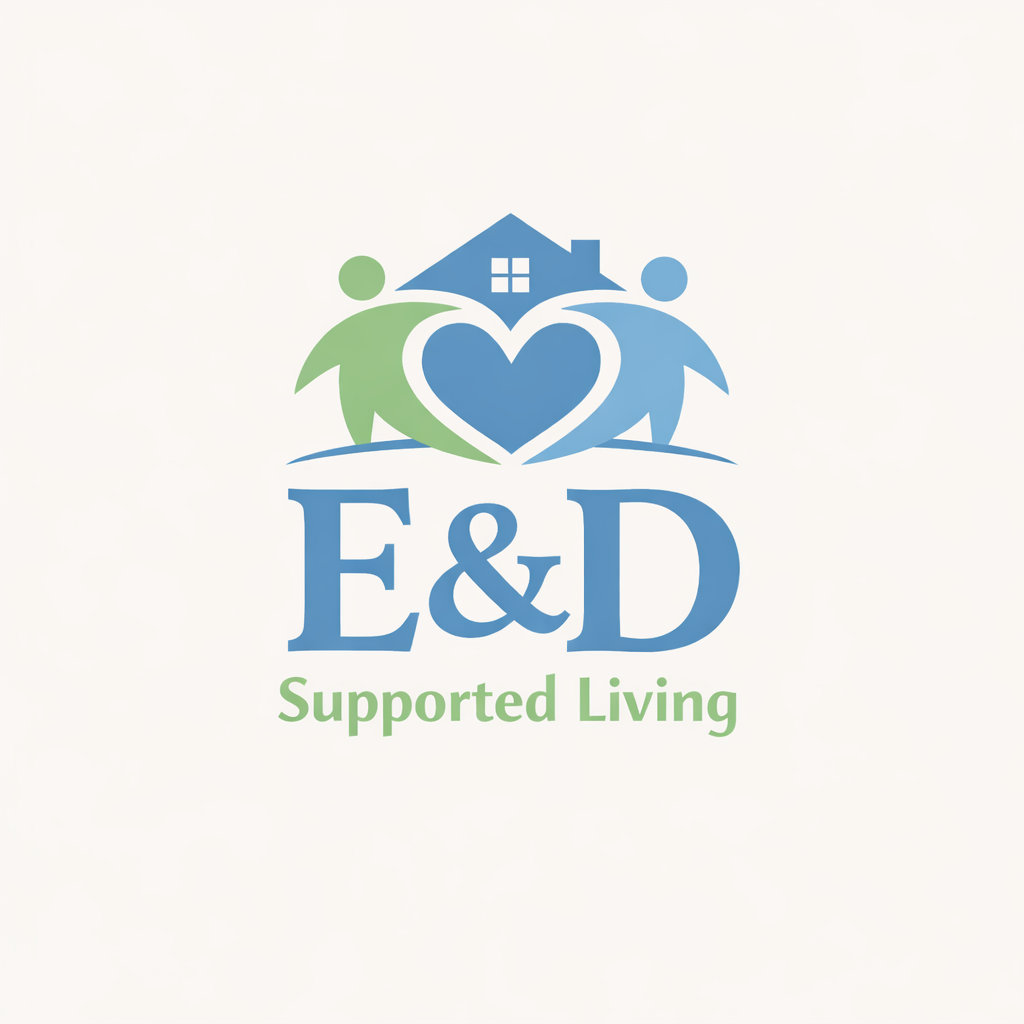 Logo for E&D Supported Living featuring two figures holding a heart with a house in the background and the words "E&D Supported Living" below.