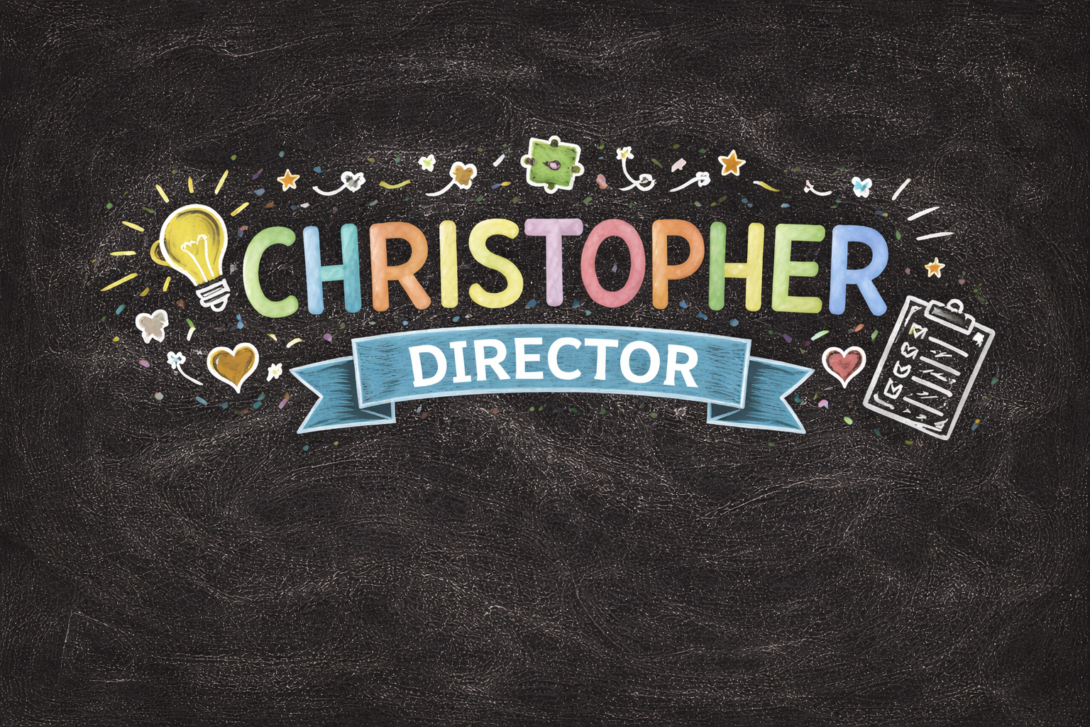 Christopher Director chalk-style logo for E&D Supported Living nonprofit board member with colorful lettering and community-themed icons.