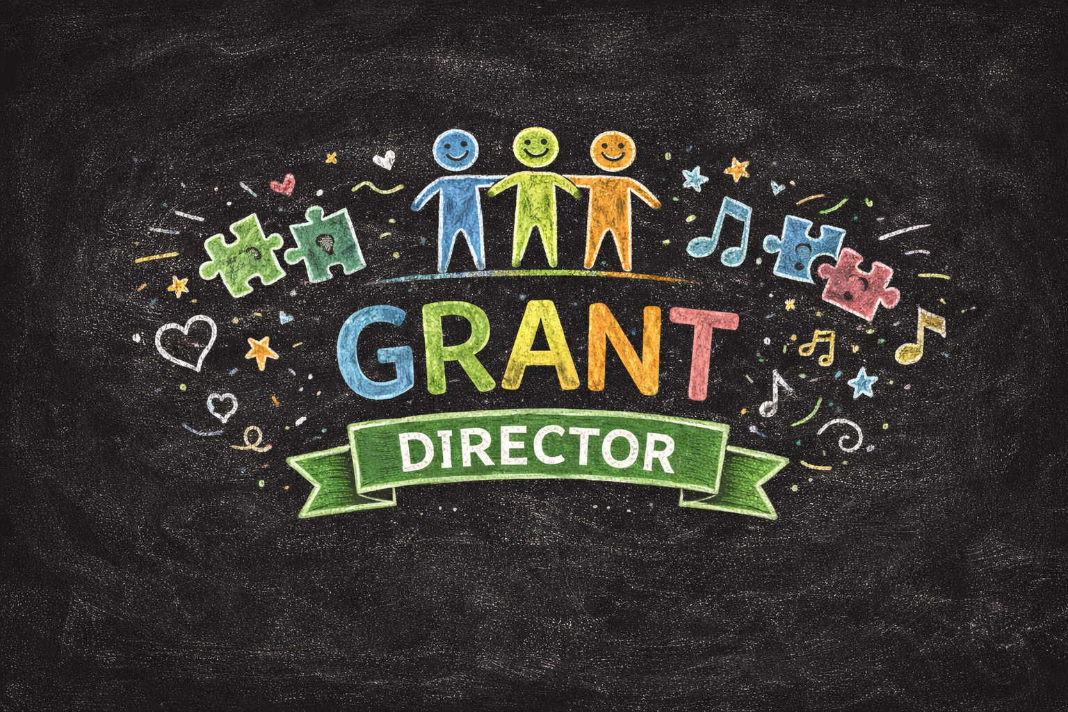 Grant Director chalk-style logo for E&D Supported Living nonprofit board member with colorful lettering and community-themed icons.