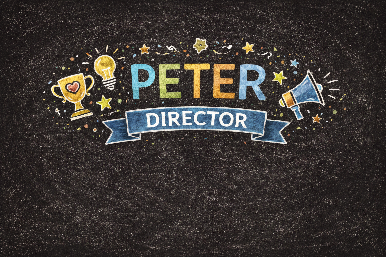 Peter Director chalk-style logo for E&D Supported Living nonprofit board member with colorful lettering and community-themed icons.