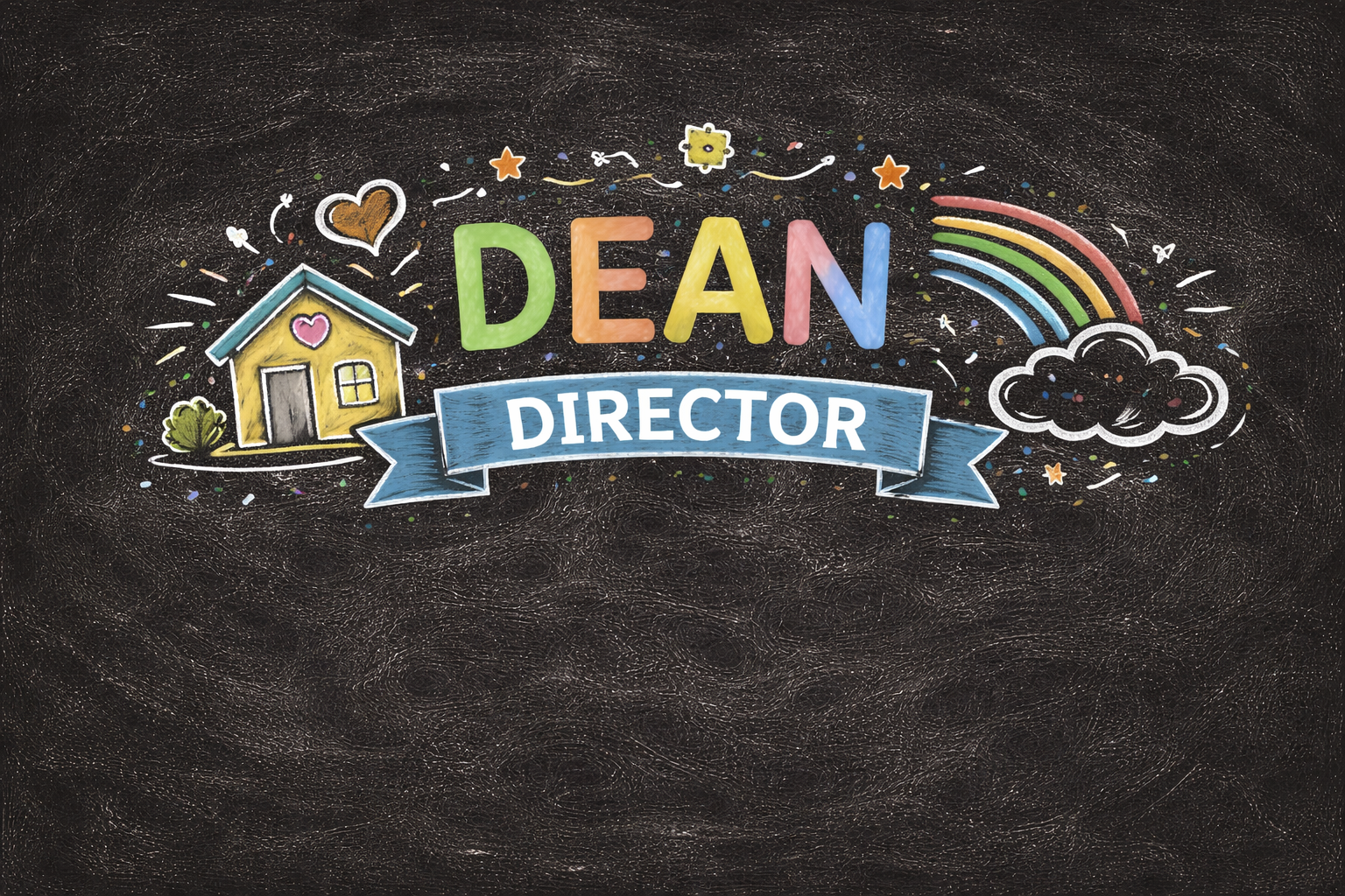 Dean Director chalk-style logo for E&D Supported Living nonprofit board member with colorful lettering and community-themed icons.