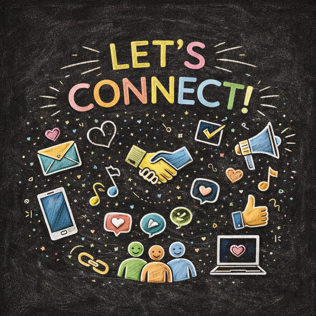Let’s Connect chalkboard illustration with communication icons and people representing community connection.